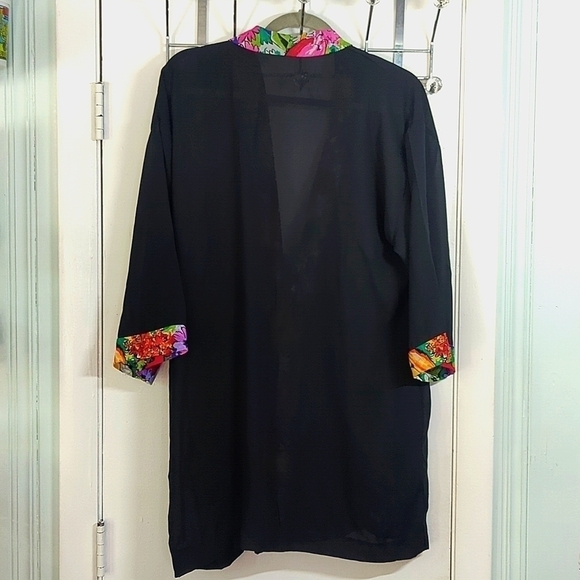 Euc Vintage Roxanne brand Sheer Robe - Neon Floral Trim w/ POCKETS! Sz S/open - Picture 2 of 7